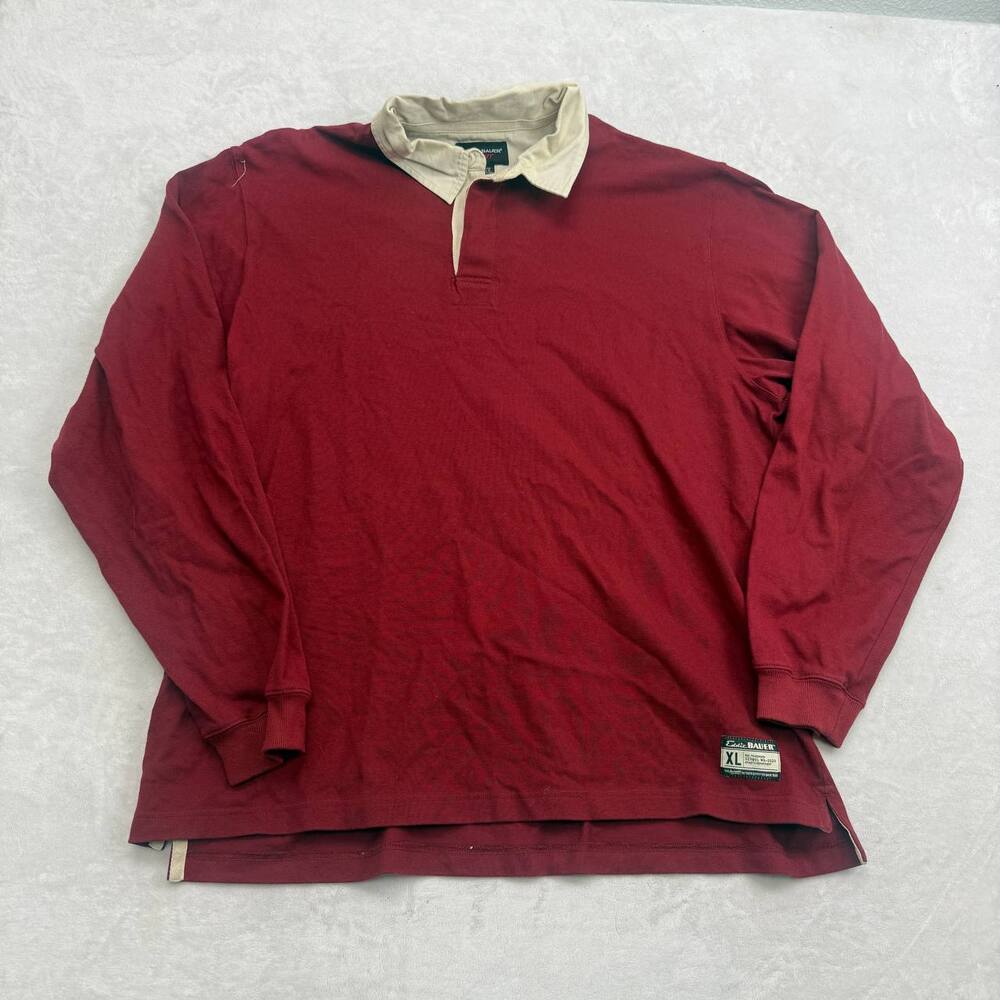 Eddie Bauer Sport Men's Long Sleeve Rugby Polo Shirt Burgundy Red Size XL Tall
